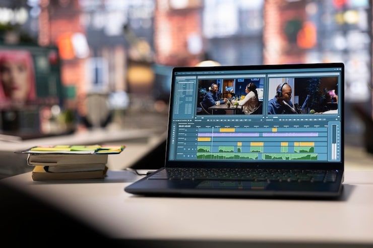 Laptop med bildredigeringsprogram och videoklipp öppna på skrivbord